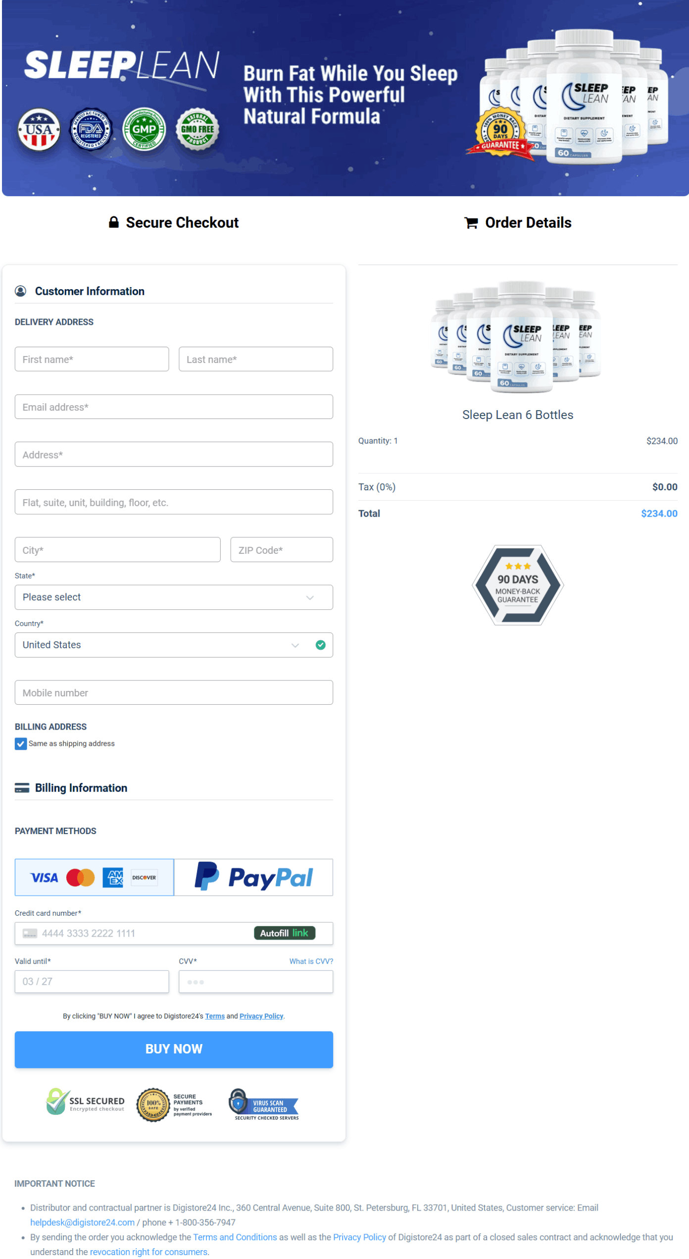 Sleep Lean Payment page